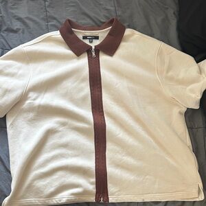 Fashion Nova Cream and Brown Zip-Up Sweater